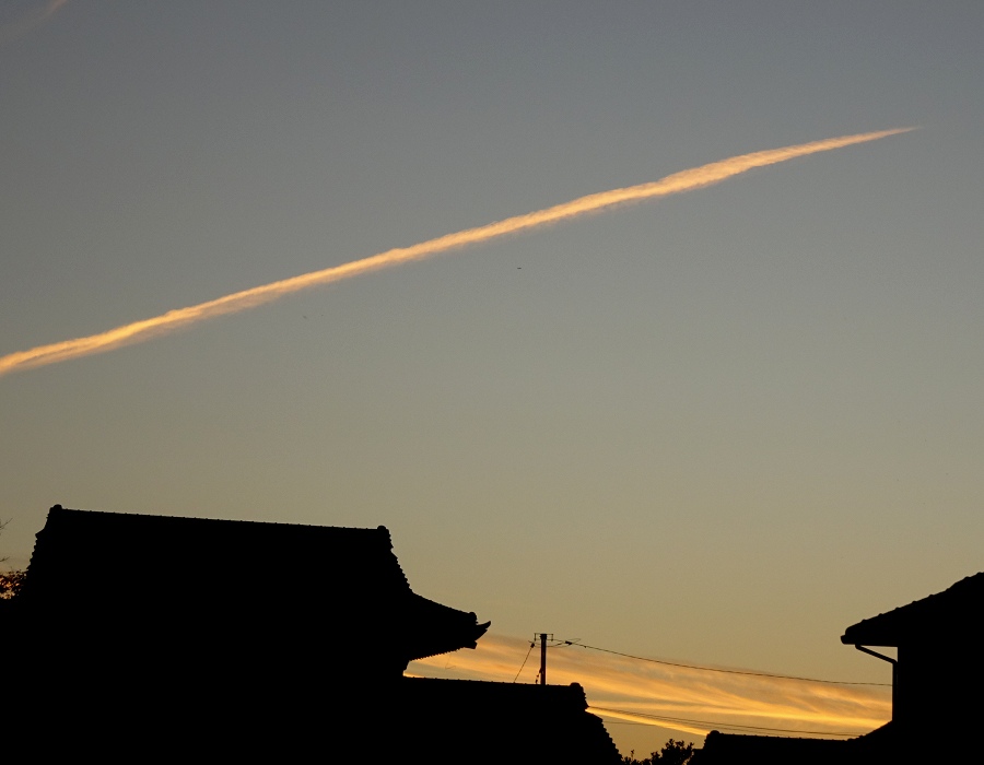 夕日に輝く飛行機雲